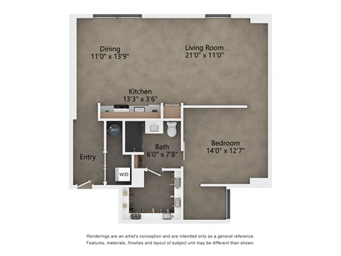 Floor plan for 1 bed, 1 bath, 1013 sqft